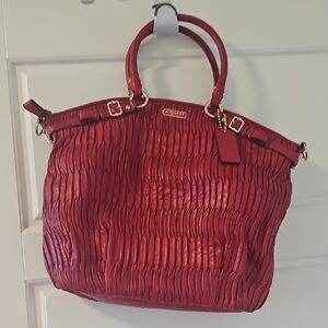 Coach Red Ruched Leather Tote with Gold Hardware